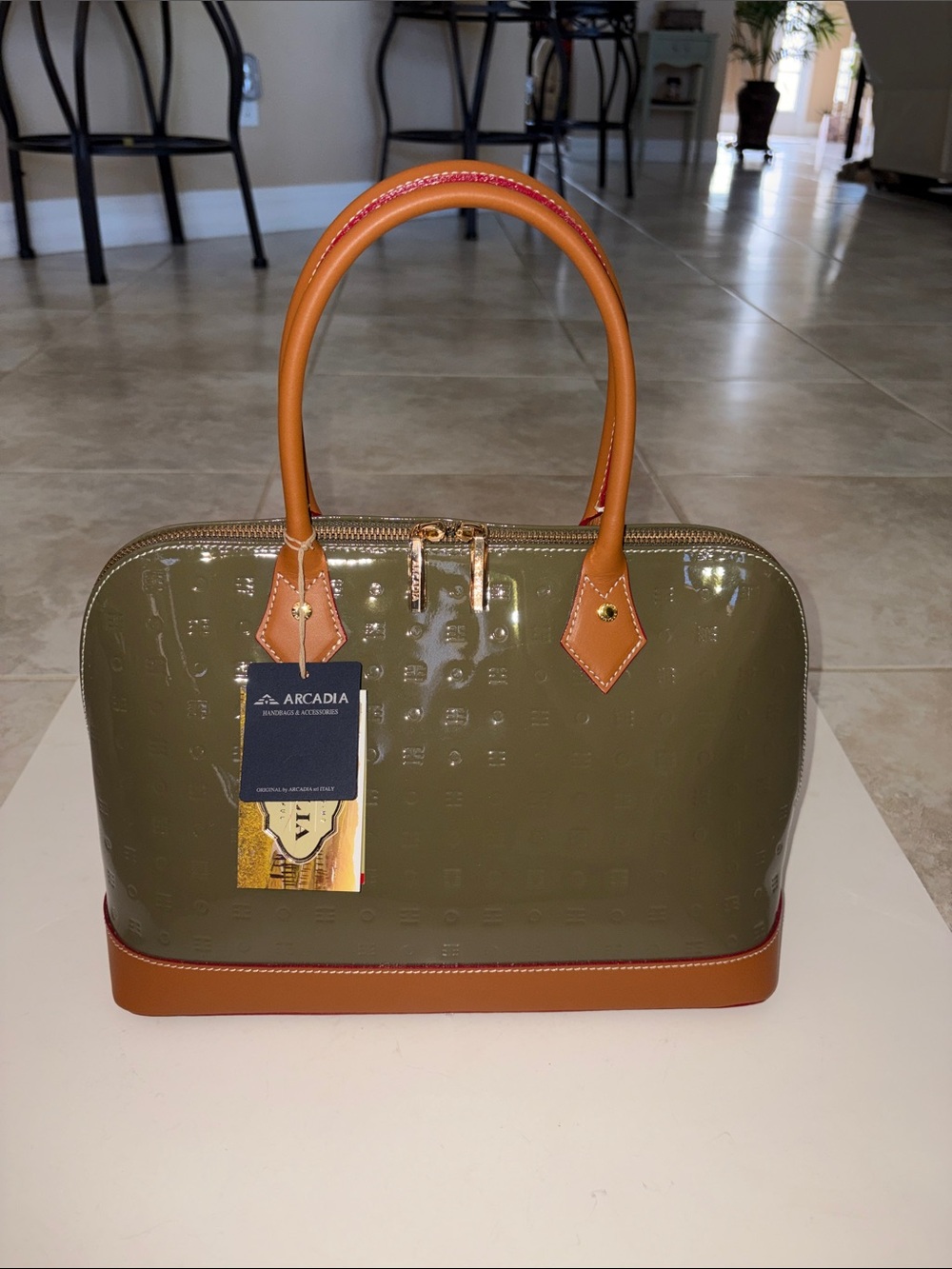 NWT Arcadia Olive Patent Satchel with Tan Trim